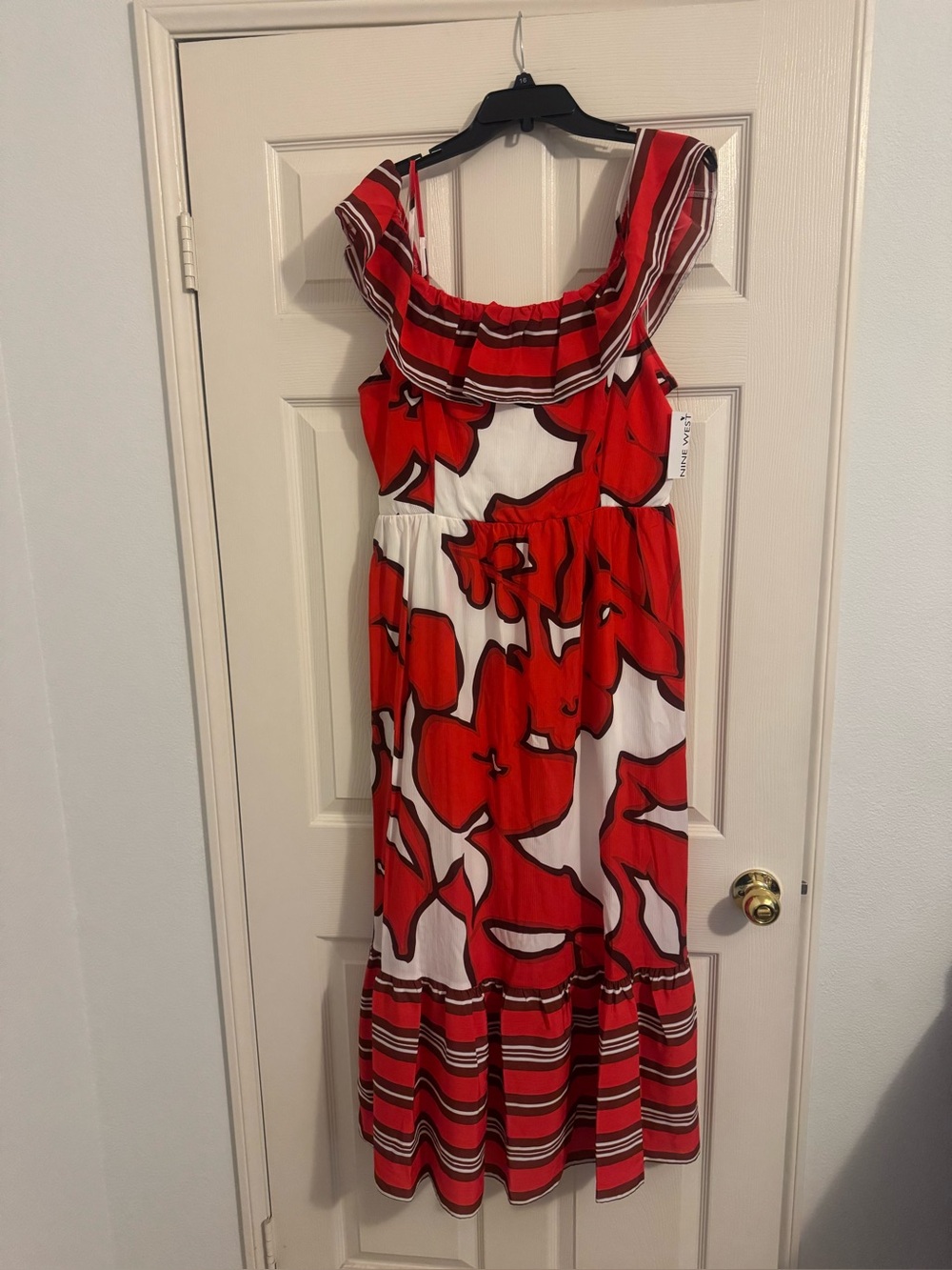 Nine West Red and White Floral Ruffle-Trim Dress